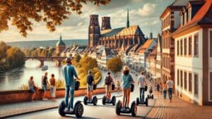 Segway Tour durch Heilbronn mit Blick auf den Kiliansdom und den Neckar.