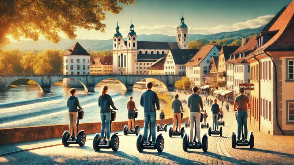 Segway Tour durch Rosenheim mit Blick auf die Altstadt und den Inn.