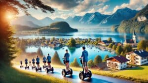 Segway Tour am Chiemsee mit Blick auf das glitzernde Wasser und die Berge im Hintergrund.