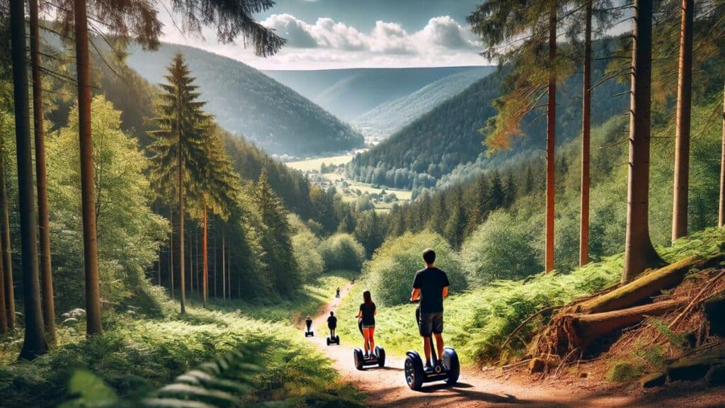 Segway Tour im Harz mit Blick auf die Berge und dichte Wälder.