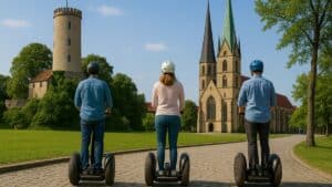 Segway Tour durch Bielefeld mit einer Gruppe von Fahrern, die die historische Sparrenburg und die charmante Altstadt im Hintergrund genießen.