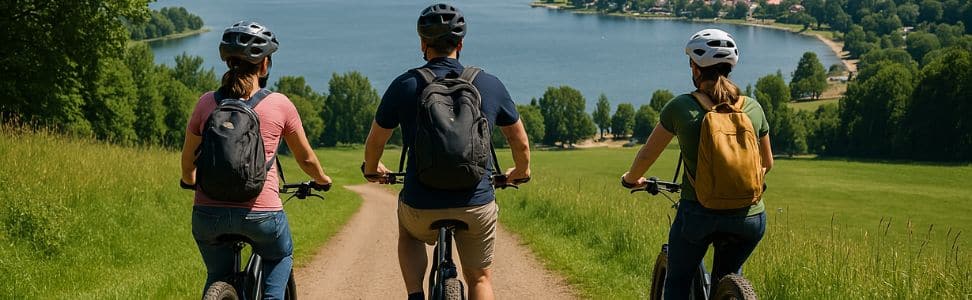 Drei Radfahrer auf E-Bikes fahren auf einem Schotterweg entlang des Bostalsees in einer idyllischen Landschaft.